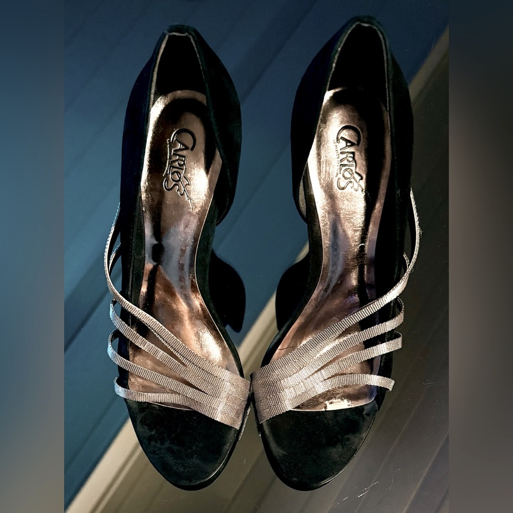 Carlos by Carlos Santana, black suede & silver metal, high heels. Size 7.